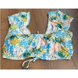 ModCloth The Amari Crop Bikini Top Retro Pin-up Floral Blue Yellow 2X NWT